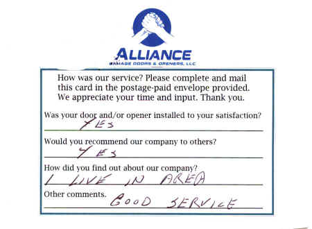 Alliance Garage Doors & Openers' Customer Response