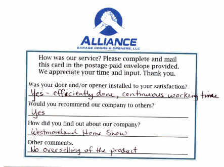 Alliance Garage Doors & Openers' Customer Response