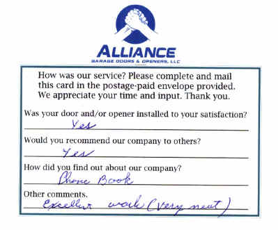 Alliance Garage Doors & Openers' Customer Response