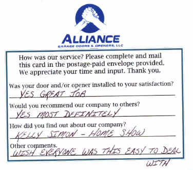 Alliance Garage Doors & Openers' Customer Response