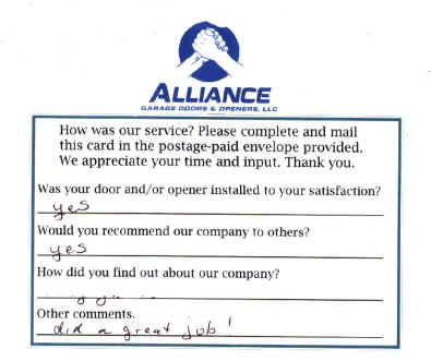 Alliance Garage Doors & Openers' Customer Response