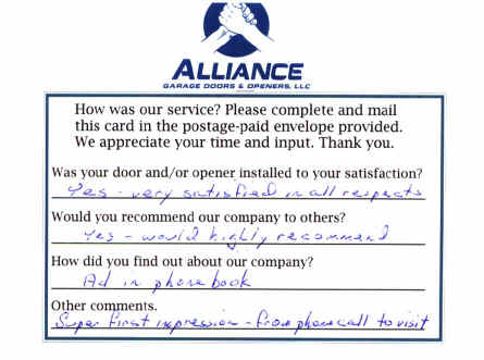 Alliance Garage Doors & Openers' Customer Response