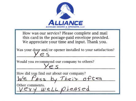 Alliance Garage Doors & Openers' Customer Response