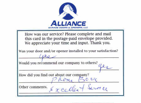 Alliance Garage Doors & Openers' Customer Response