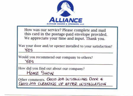 Alliance Garage Doors & Openers' Customer Response